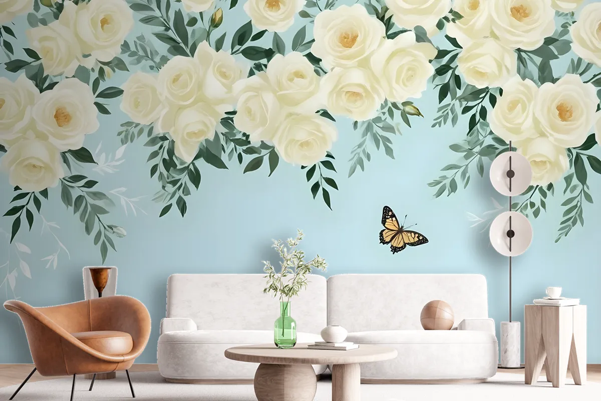 White Flowers And Yellow Butterfly Wallpaper Mural