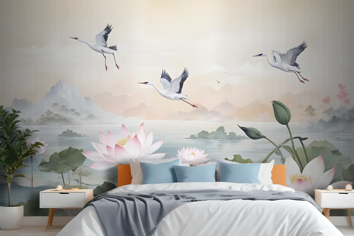 White Lotus Floral And Crane Birds Wallpaper Mural