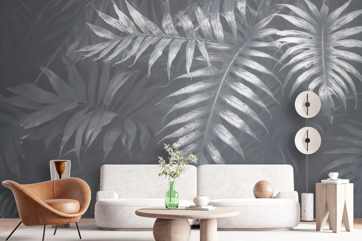 White Tropical Leafy Wallpaper Mural