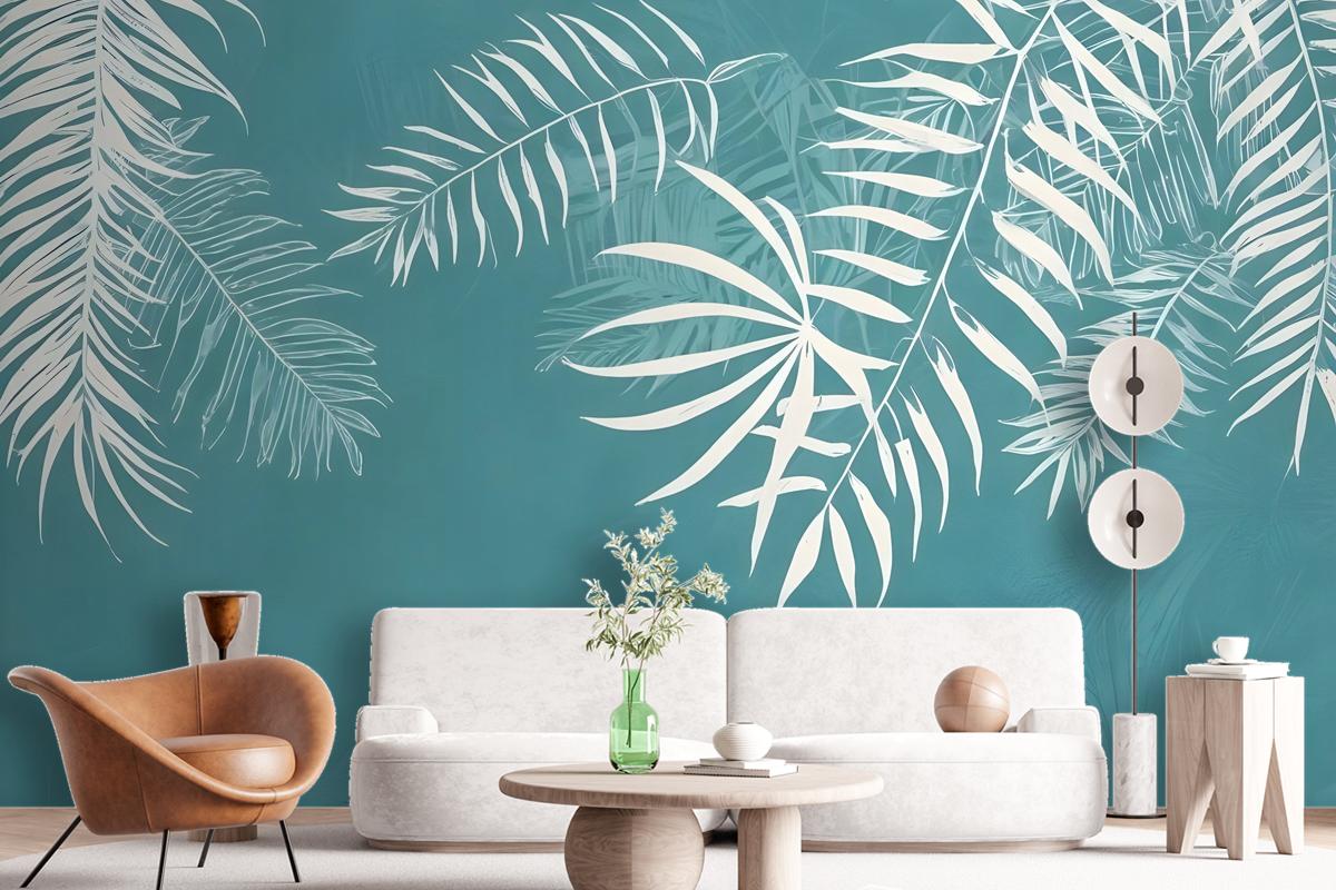 White Tropical Leaves Wallpaper Mural