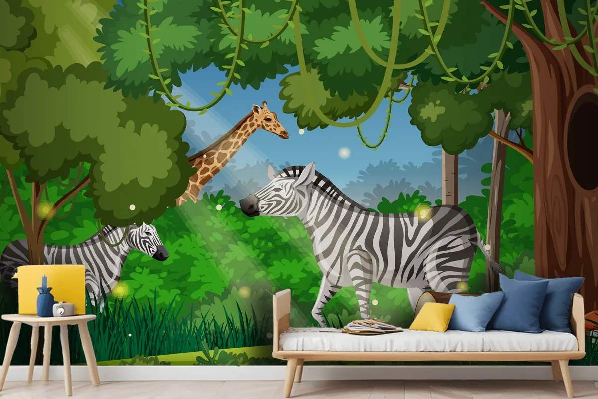 Wild Animals In Forest Landscape Wallpaper Mural