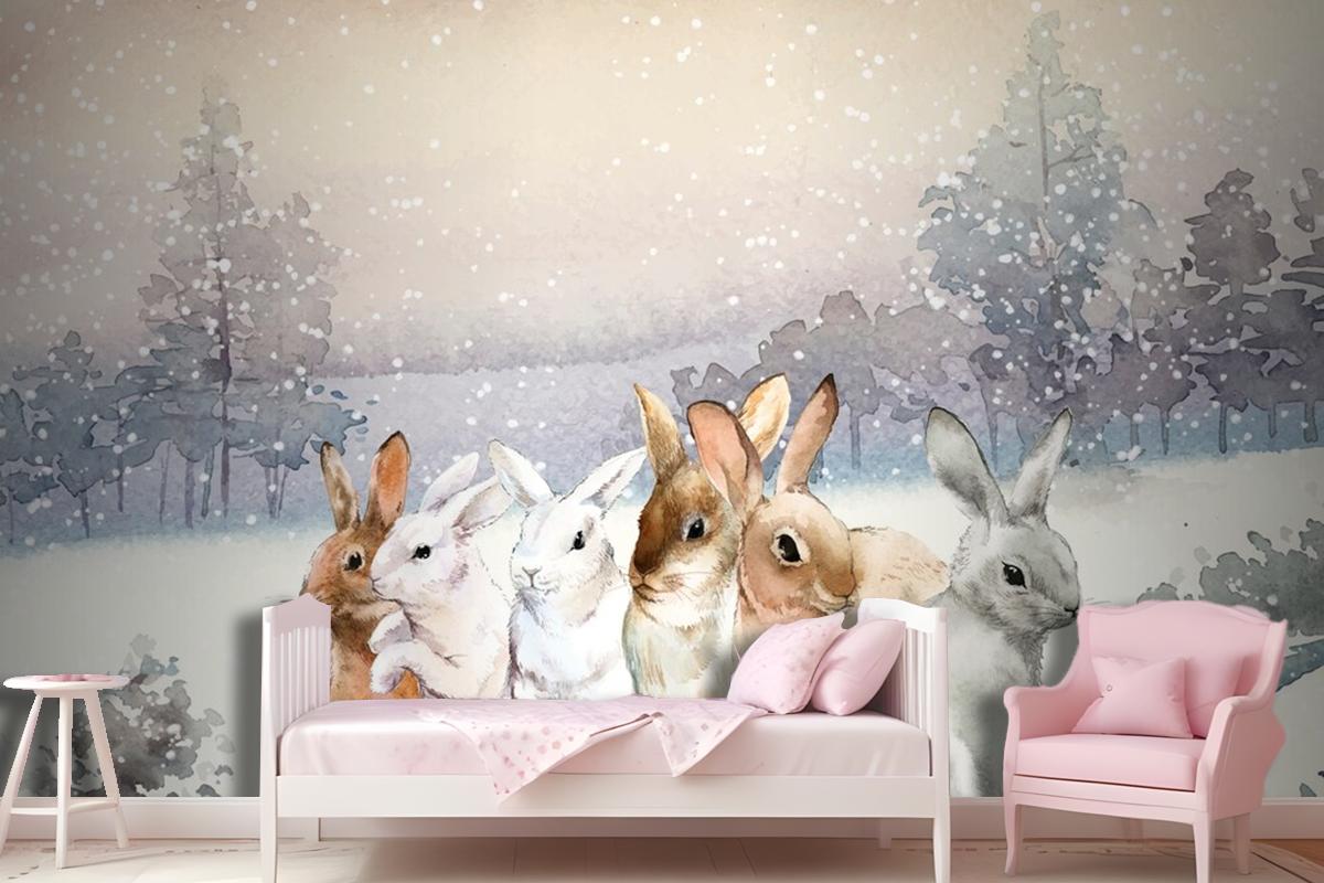 Wild Rabbits In The Winter Snow Painted By Watercolor Wallpaper Mural