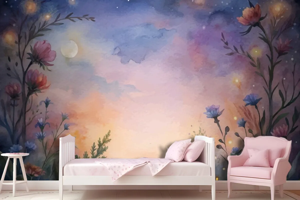 Wildflower Watercolor Background At Sunset Wallpaper Mural