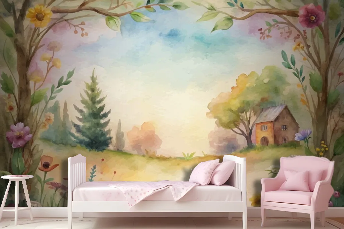 Wildflower Watercolor Background In The Countryside Wallpaper Mural