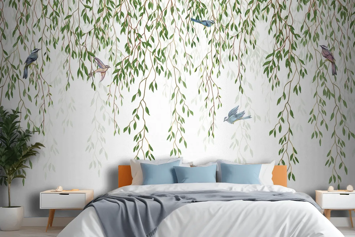 Willow Branches Hanging From Above With Birds On A White Background Wallpaper Mural