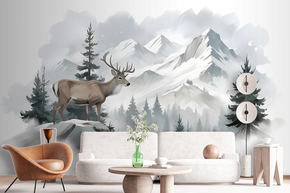 Winter Forest And Horned Deer Wallpaper Mural