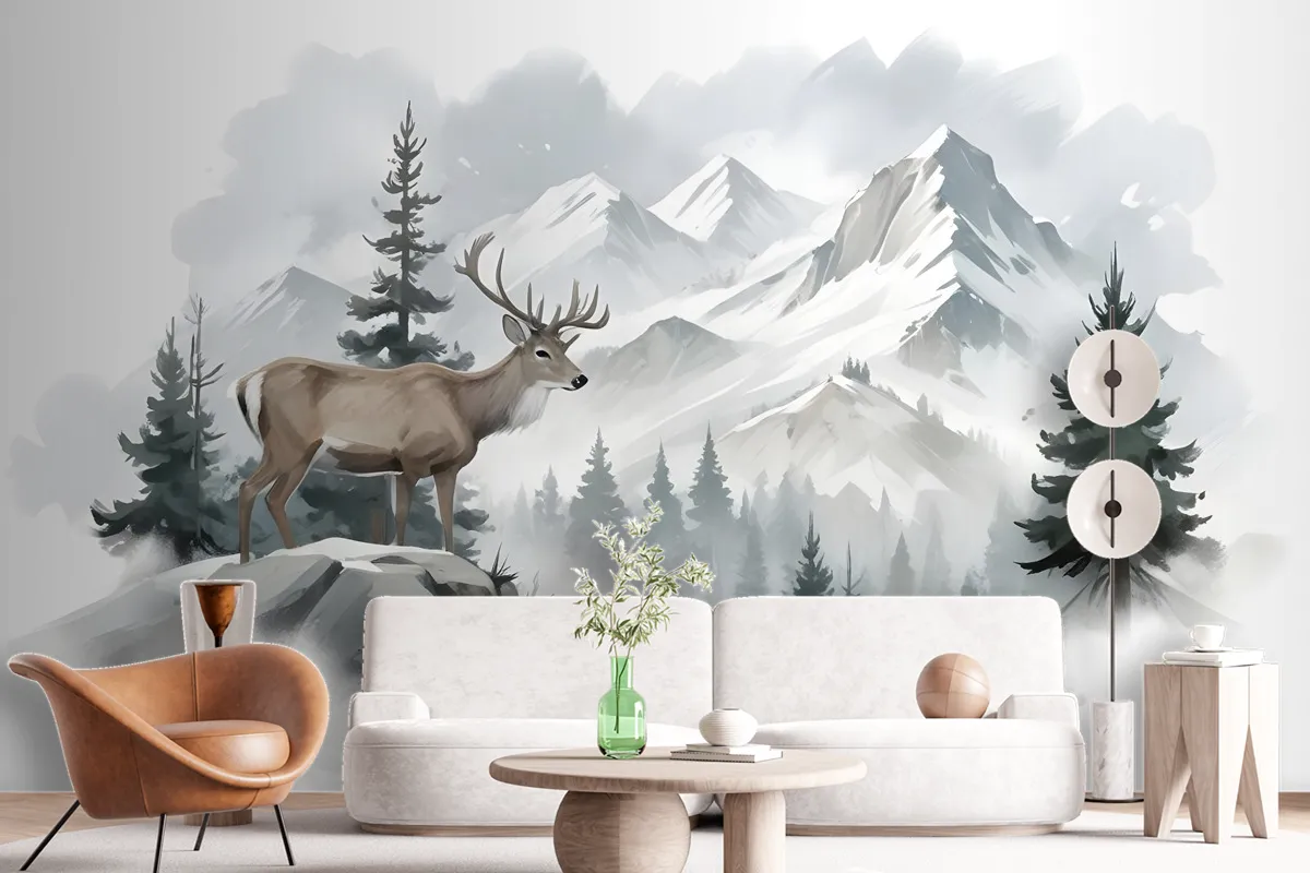 Winter Forest And Horned Deer Wallpaper Mural