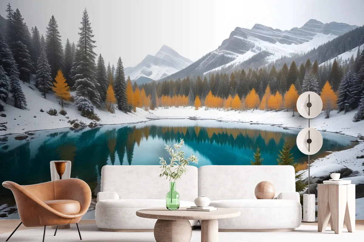 Winter Lake Landscape With Pine Forest Wallpaper Mural