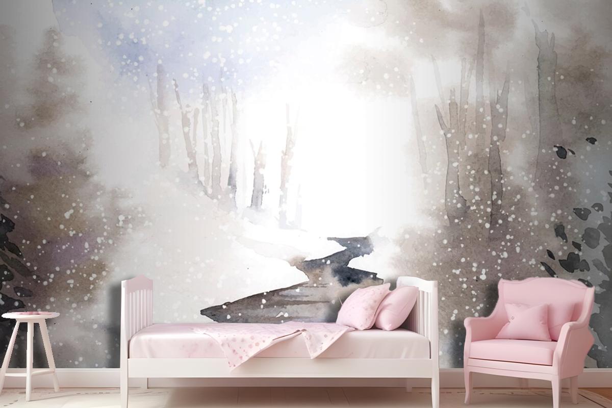 Winter Wonderland Landscape Painted By Watercolor Wallpaper Mural