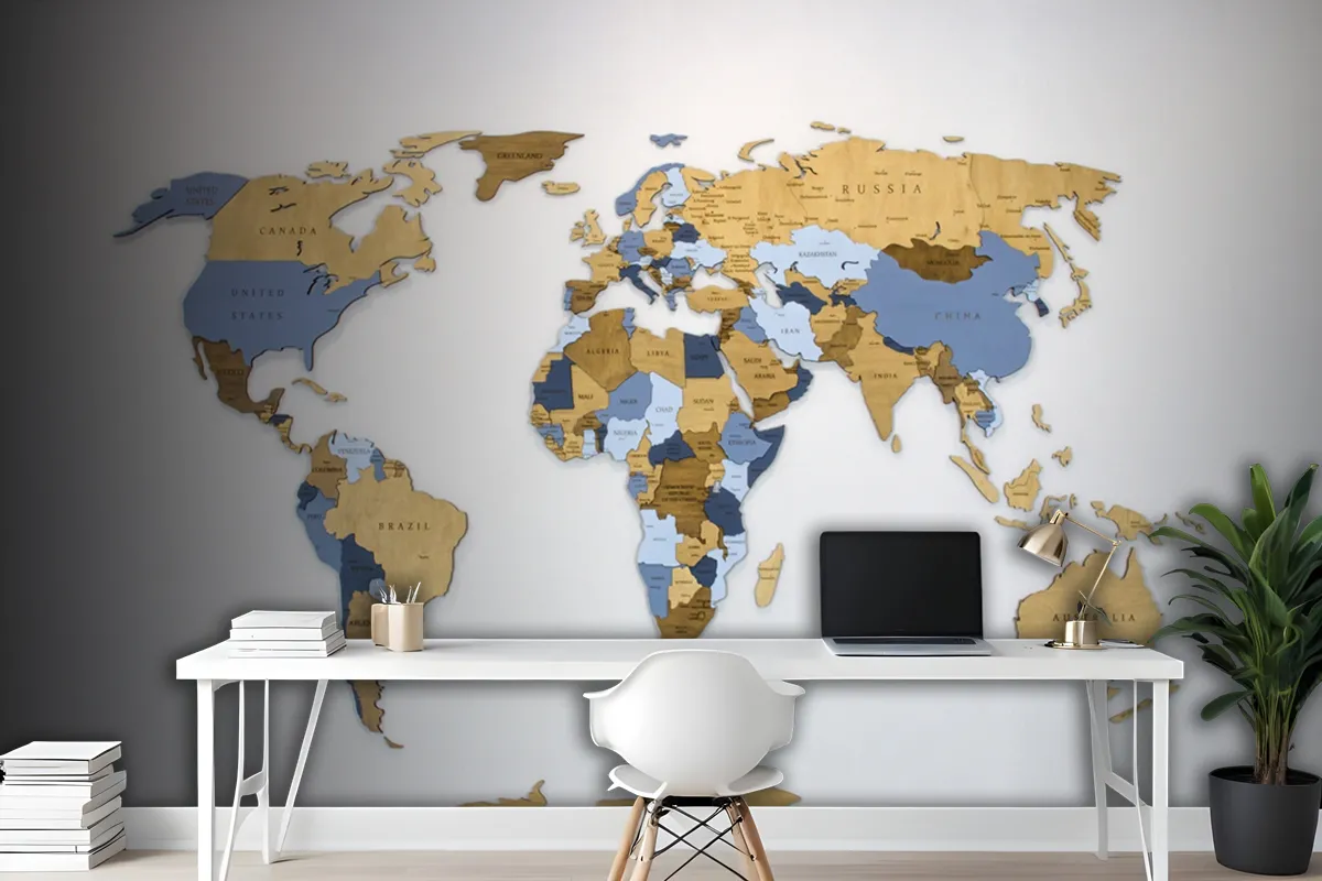 Wooden Color Multilayer World Map On A White Wallpaper Mural