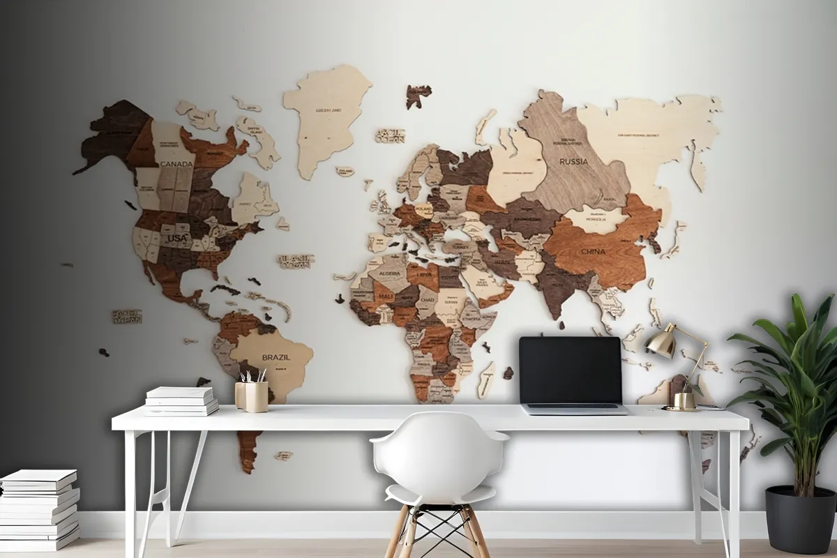 World Map Made Of Wood Crafts Wallpaper Mural