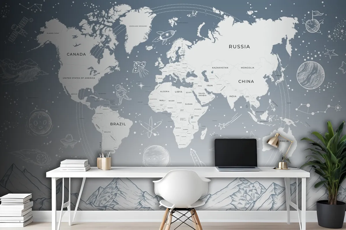 World Map Soft Blue Background Solar System Galaxy Space Wallpaper Mural