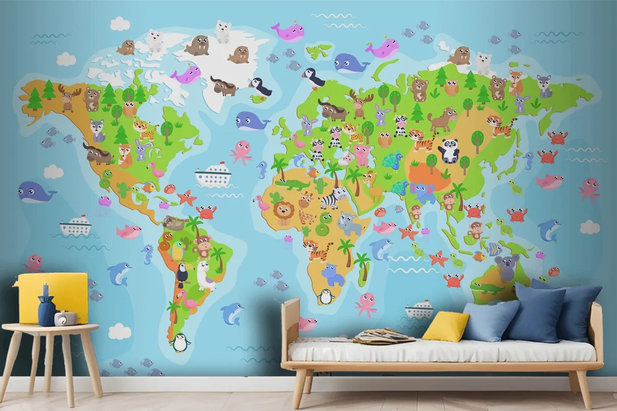 World Map With Animals For Kids Wallpaper Mural