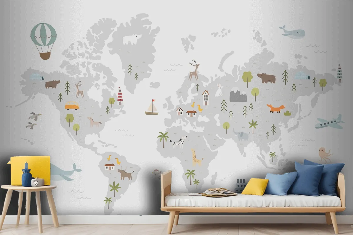 World Map With Animals Houses Nature Elements Wallpaper Mural