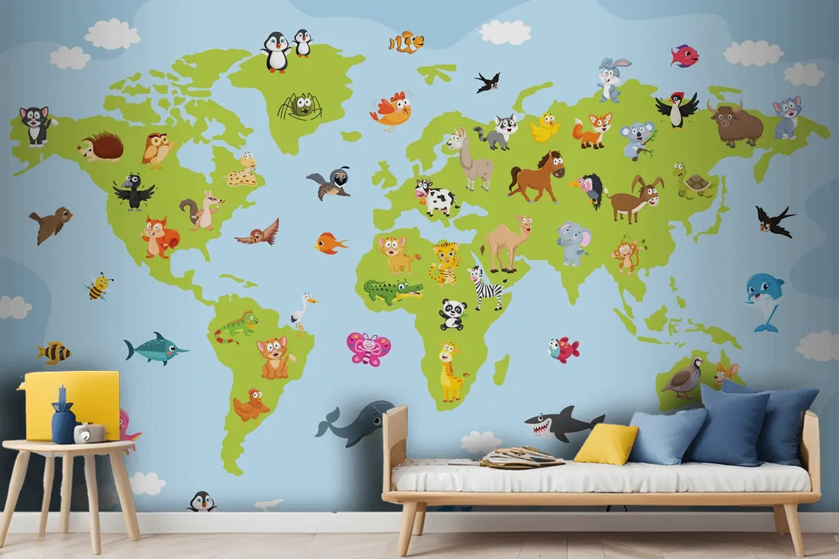 World Map With Cartoon Animals Wallpaper Mural