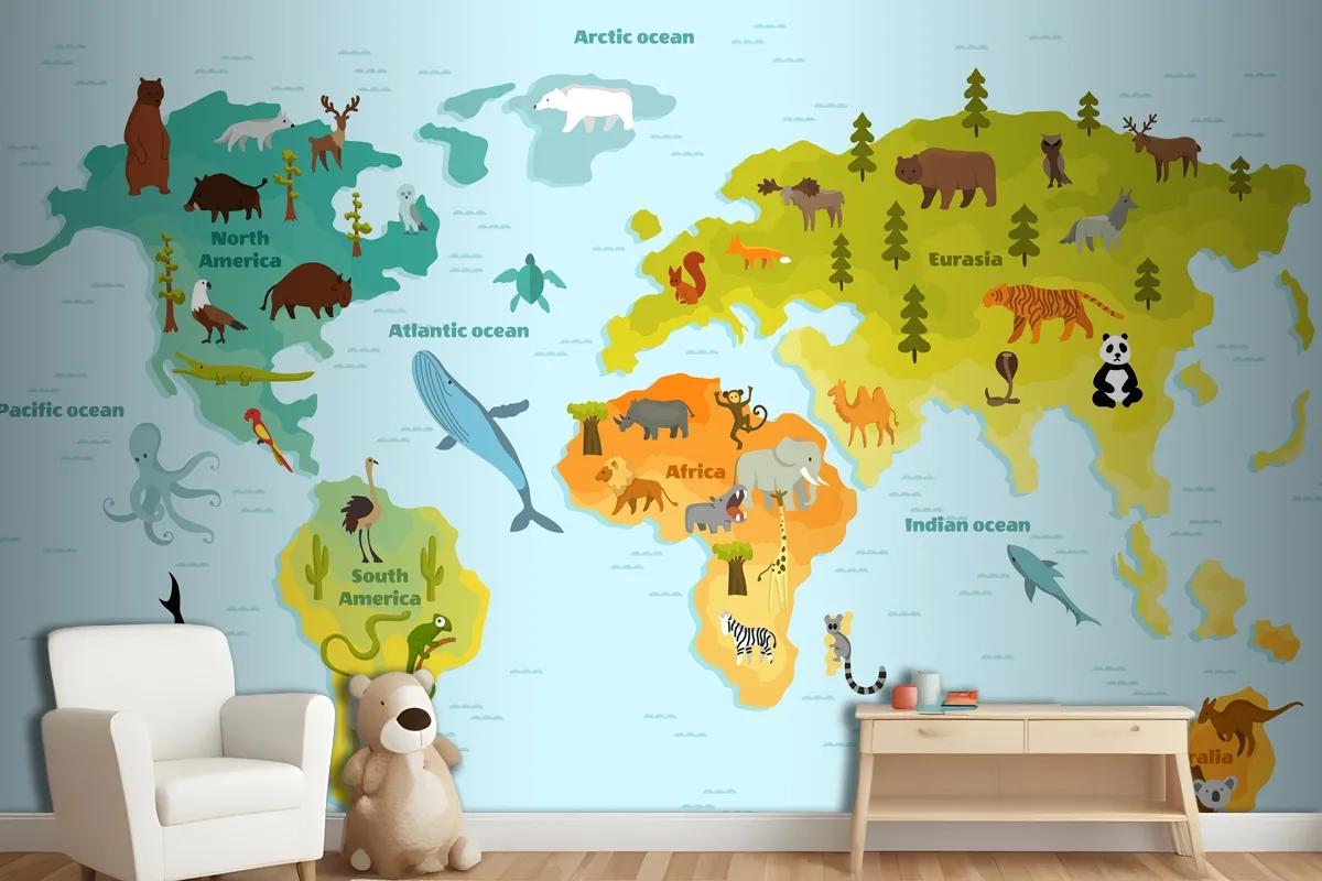 Funny Cartoon Animal World Map For Children With The Continents Wallpaper Mural