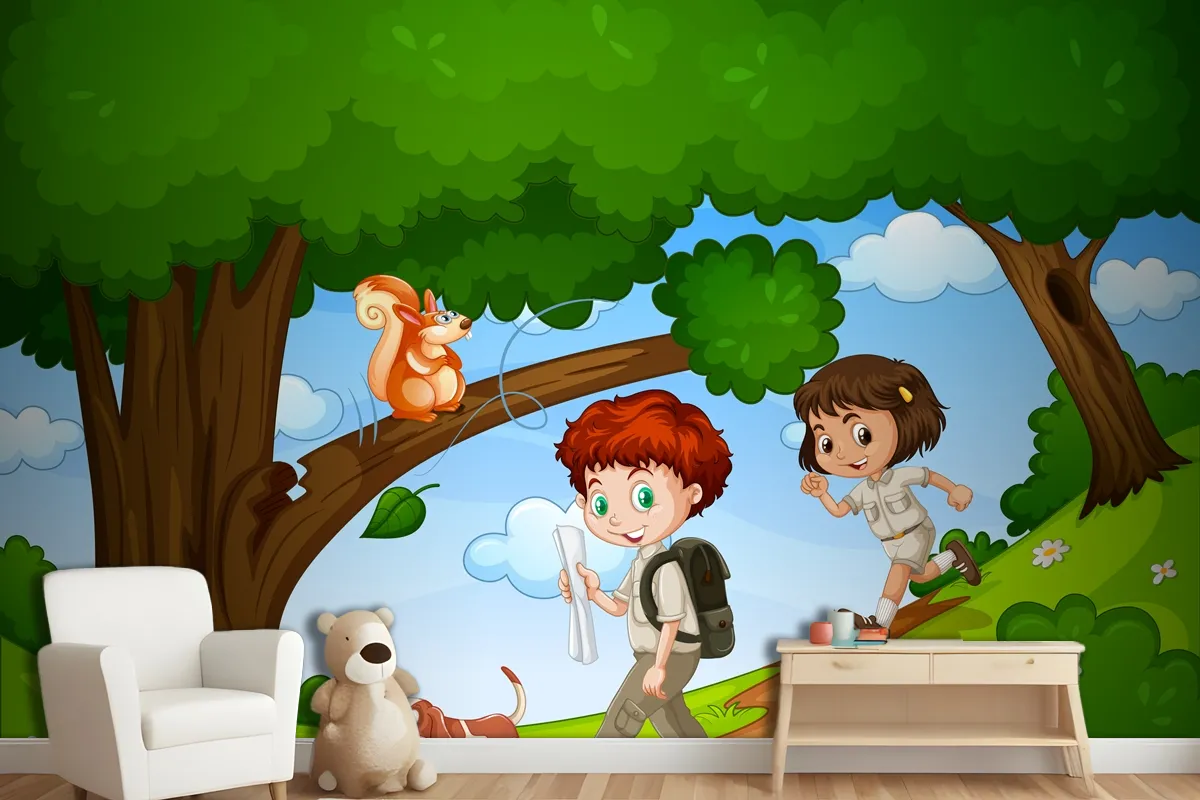 Boy And Girl Enjoy In The Park With Cute Animal Scene Wallpaper Mural