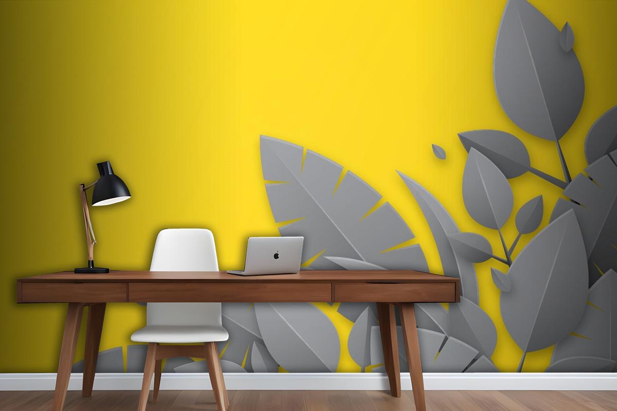 Yellow Background And Gray Leaves Office Wallpaper Mural