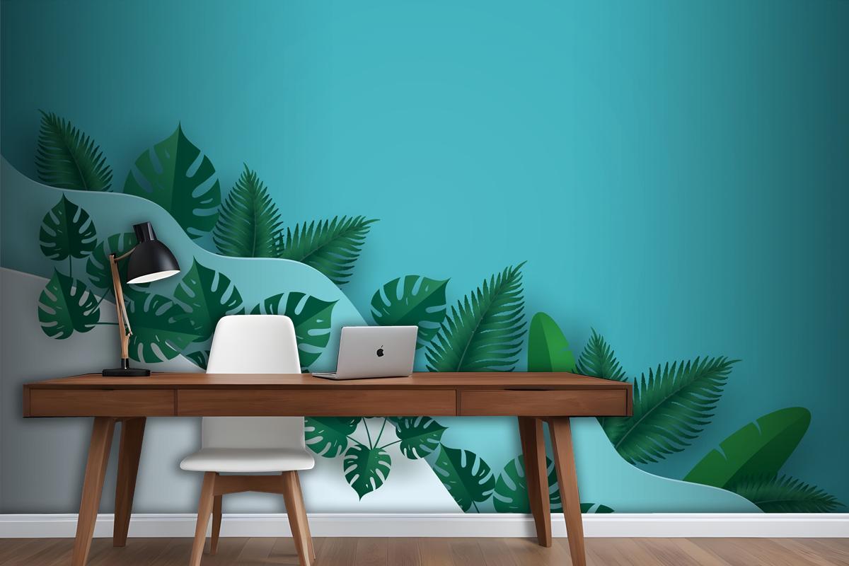 Green Leafs Or Foliage In Multi Wave Layer Wallpaper Mural