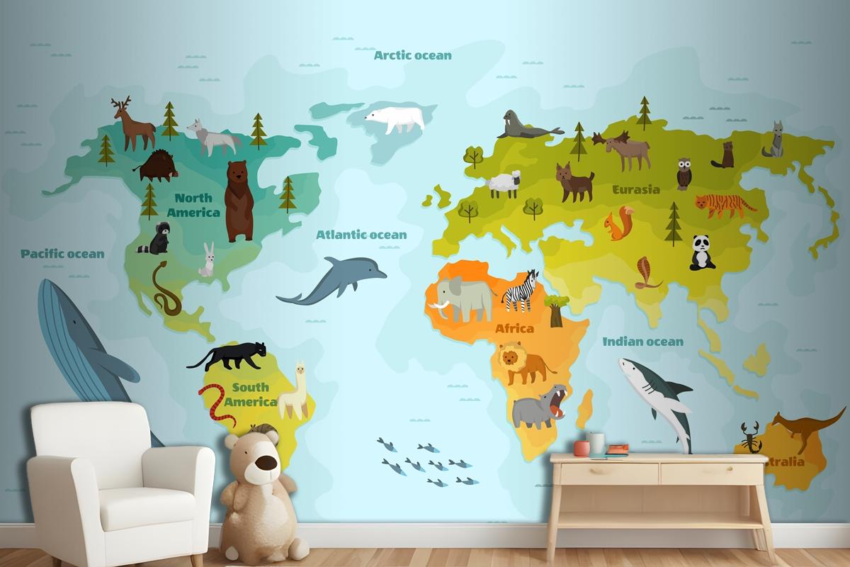 World Map With Different Animal Wallpaper Mural