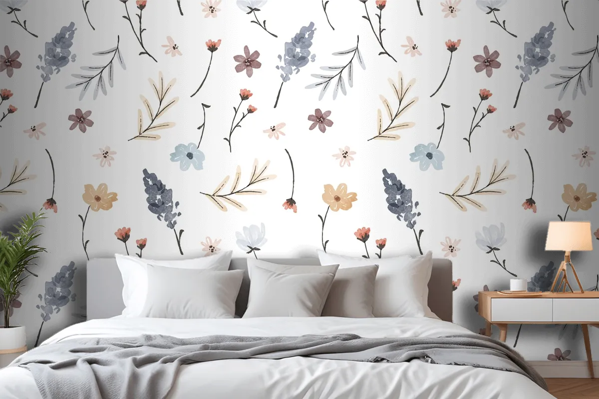 Hand Painted Watercolor Pressed Flowers Pattern Wallpaper Mural