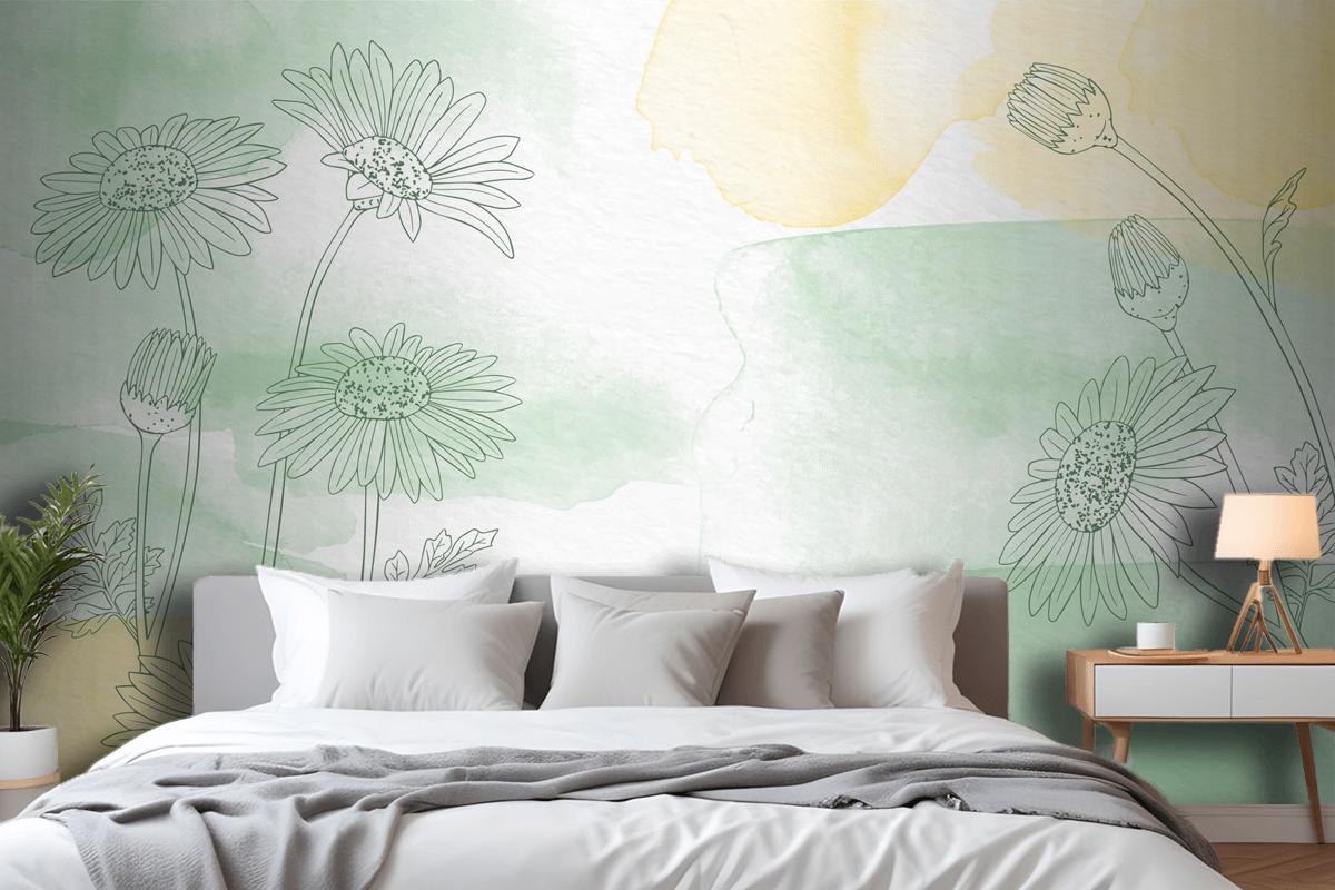 Hand Painted Background With Drawn Flowers Wallpaper Mural