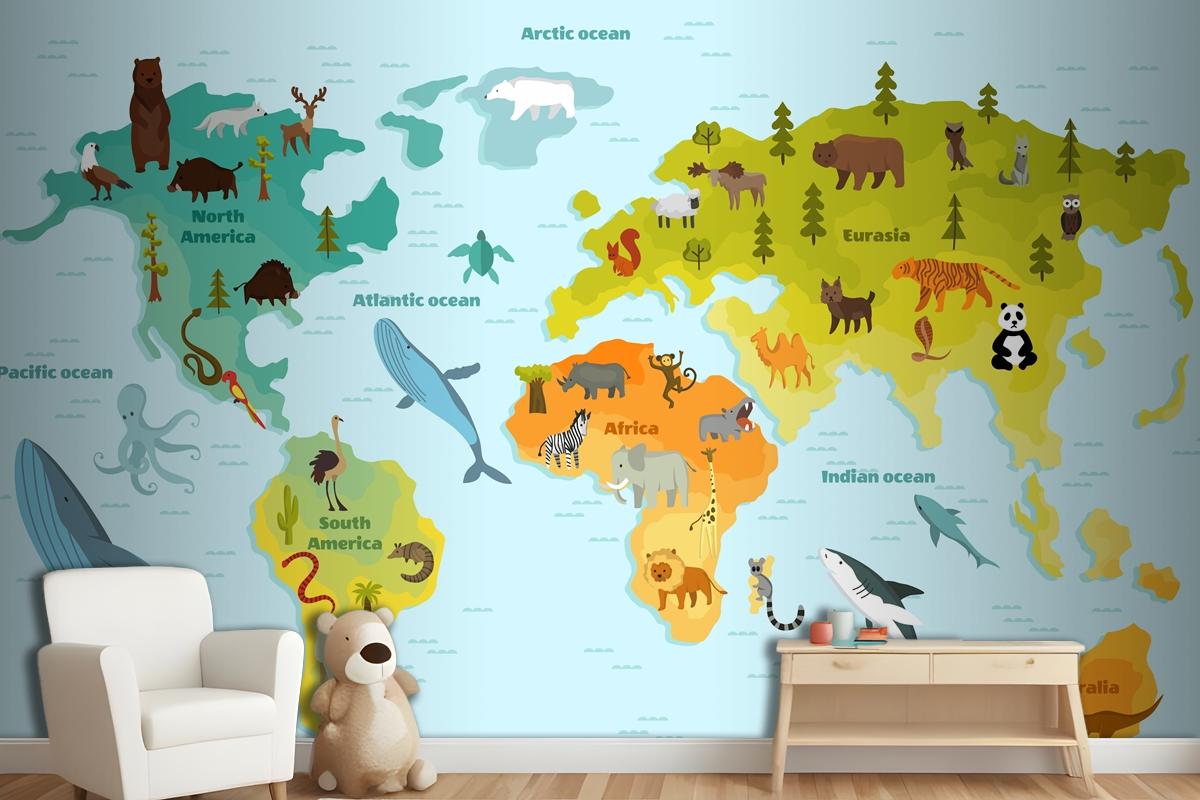 World Map With Different Animal Wallpaper Mural