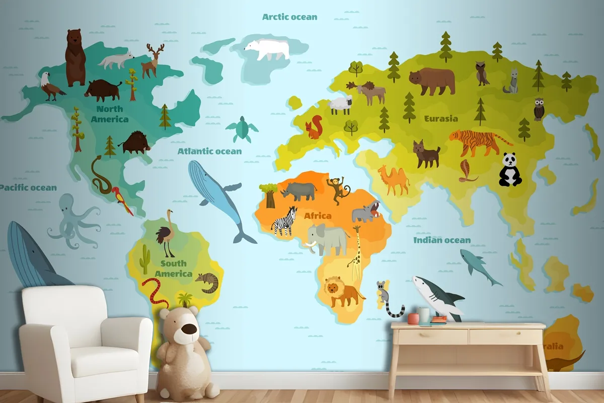 World Map With Different Animal Wallpaper Mural