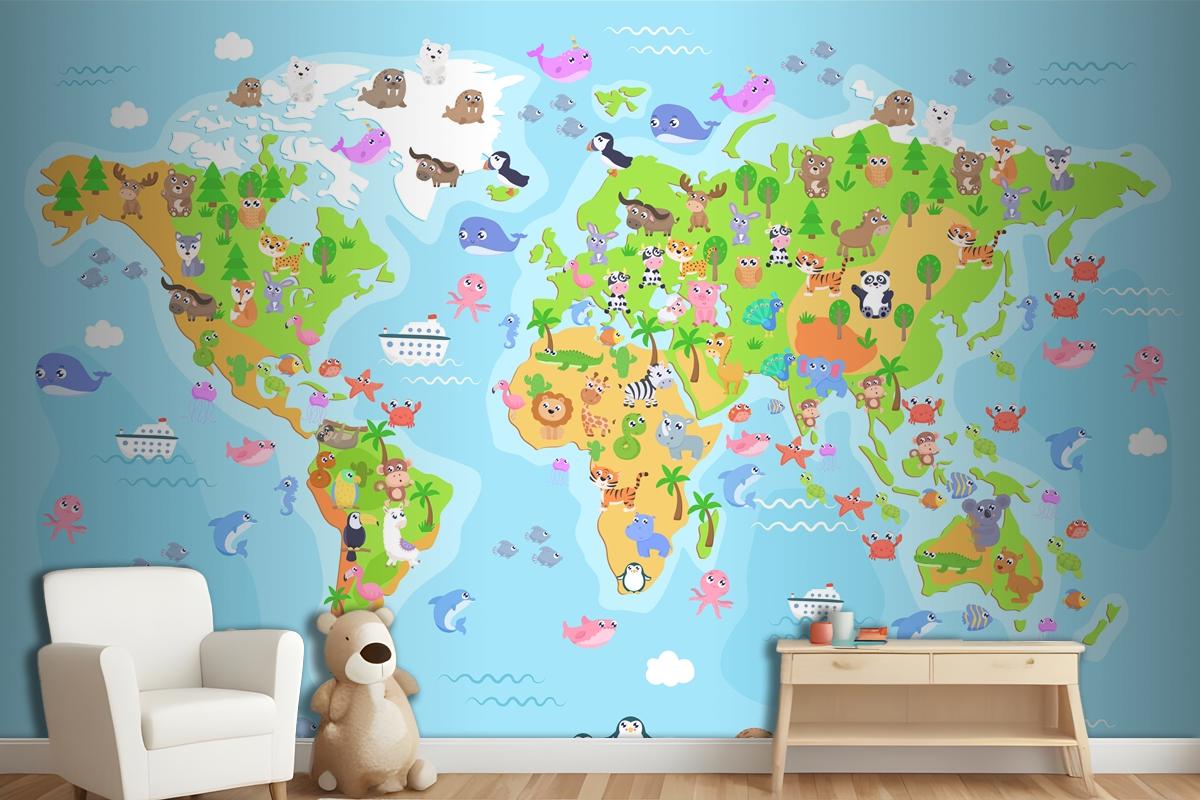  World Map With Animals For Kids Wallpaper Mural