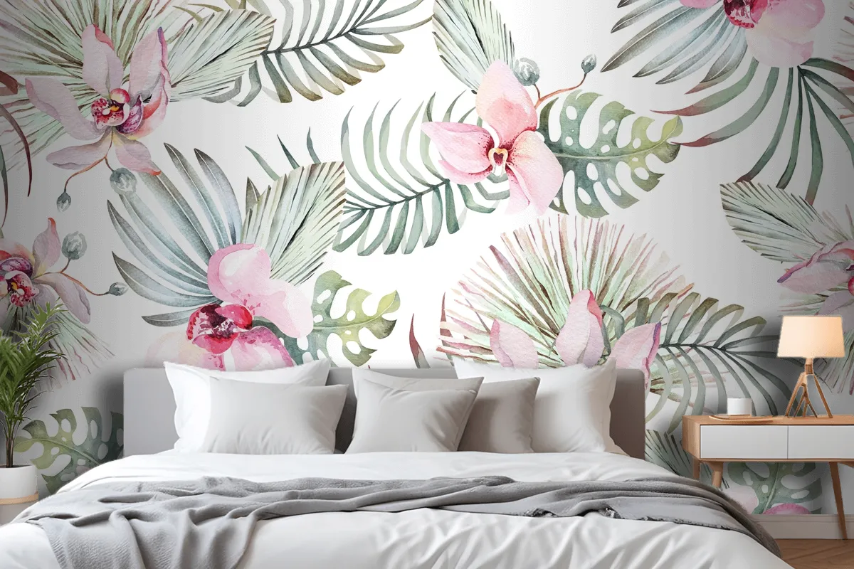 Seamless Pattern Of Tropical Plant Orchid And Flower For Fabric Wallpaper Mural