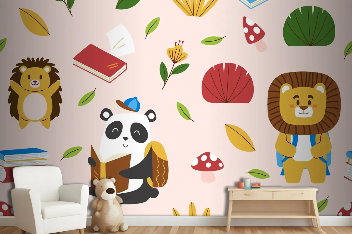 Hand Drawn Childlike Animals Pattern Wallpaper Mural