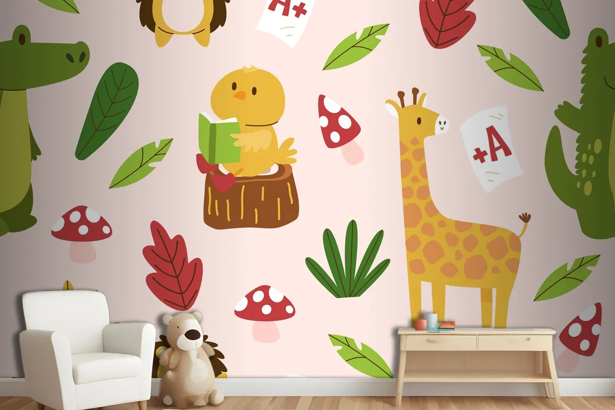 Hand Drawn Childlike Animals Pattern Wallpaper Mural