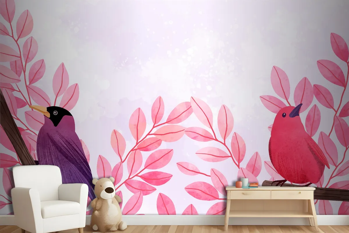 Beautiful Watercolor Of Birds Sitting On Branches Wallpaper Mural