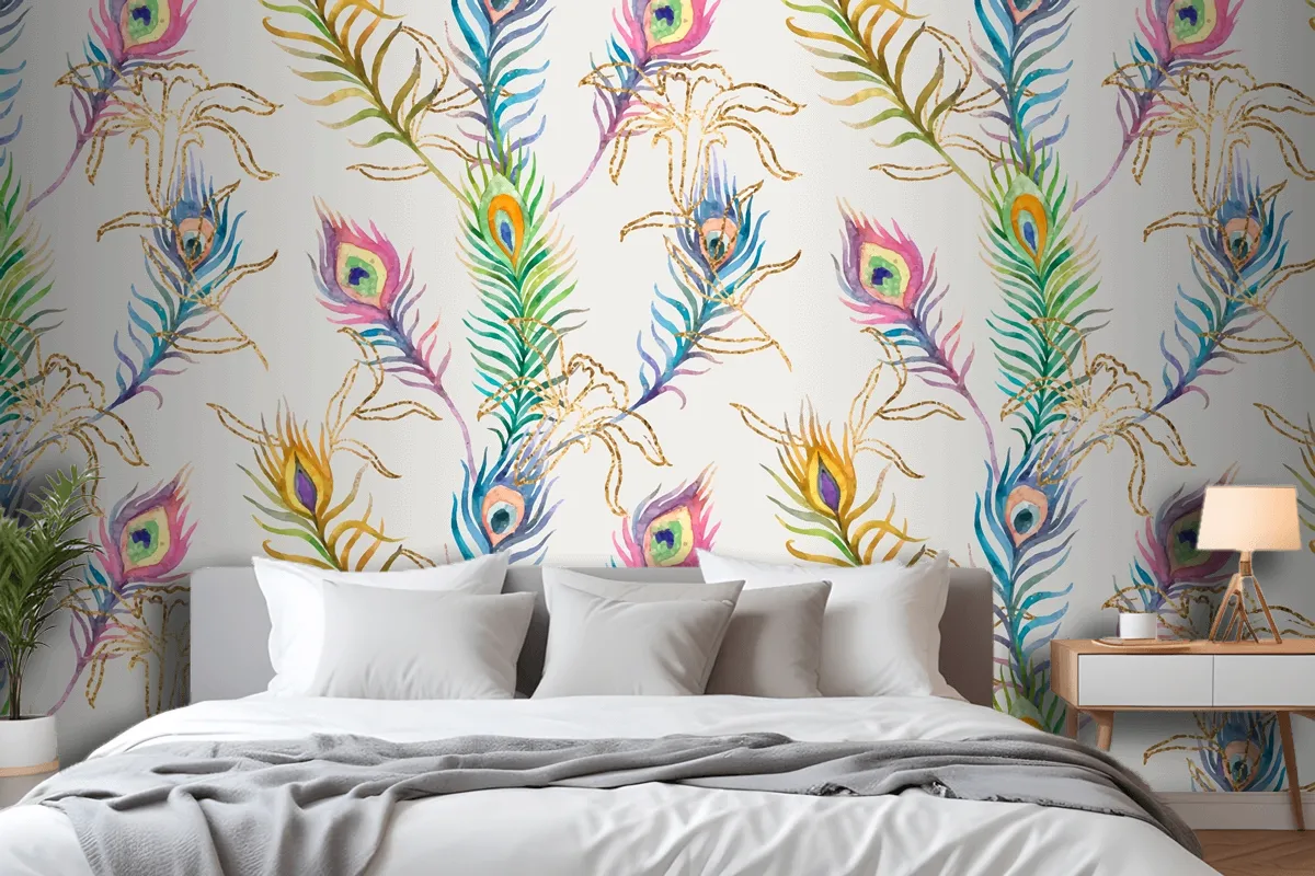 Background Of Peacock Feather Colorful Watercolor Pattern Wallpaper Mural