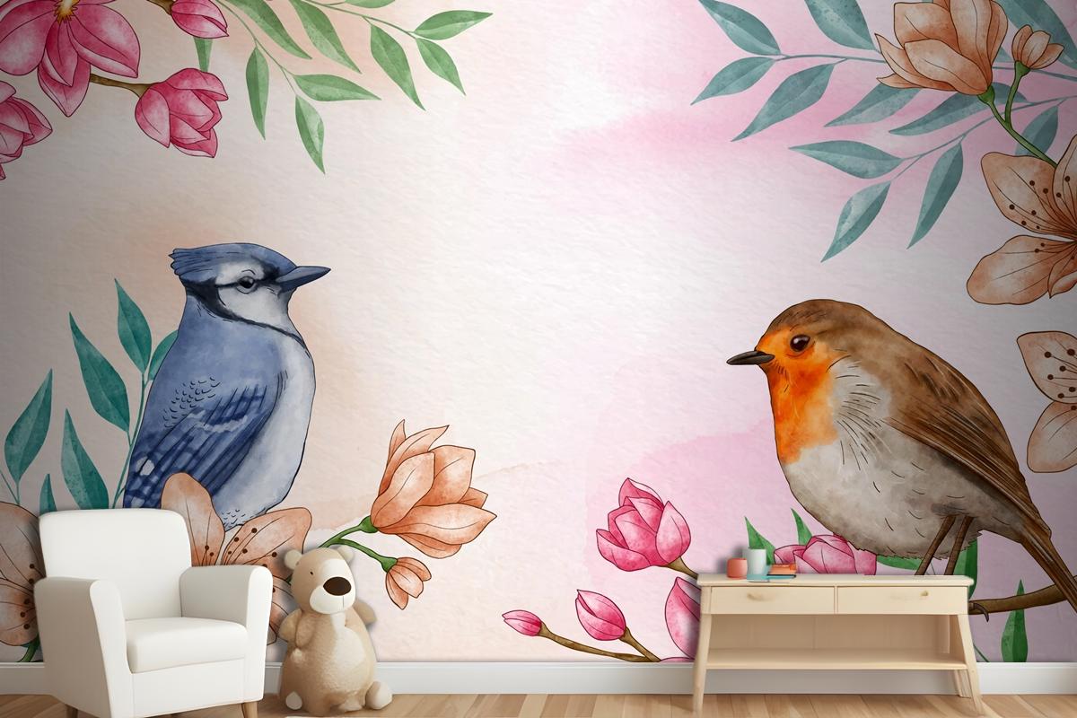 Hand Painted Watercolor Floral Birds Background Wallpaper Mural