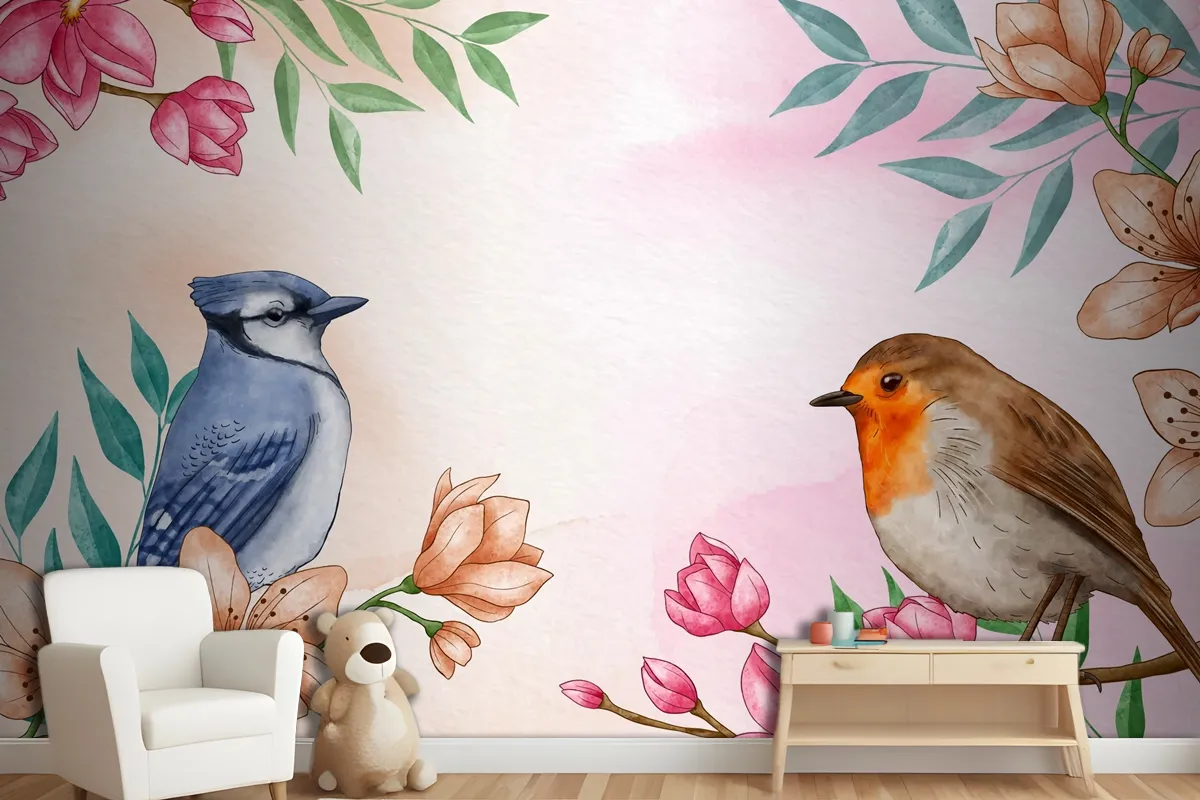 Hand Painted Watercolor Floral Birds Background Wallpaper Mural