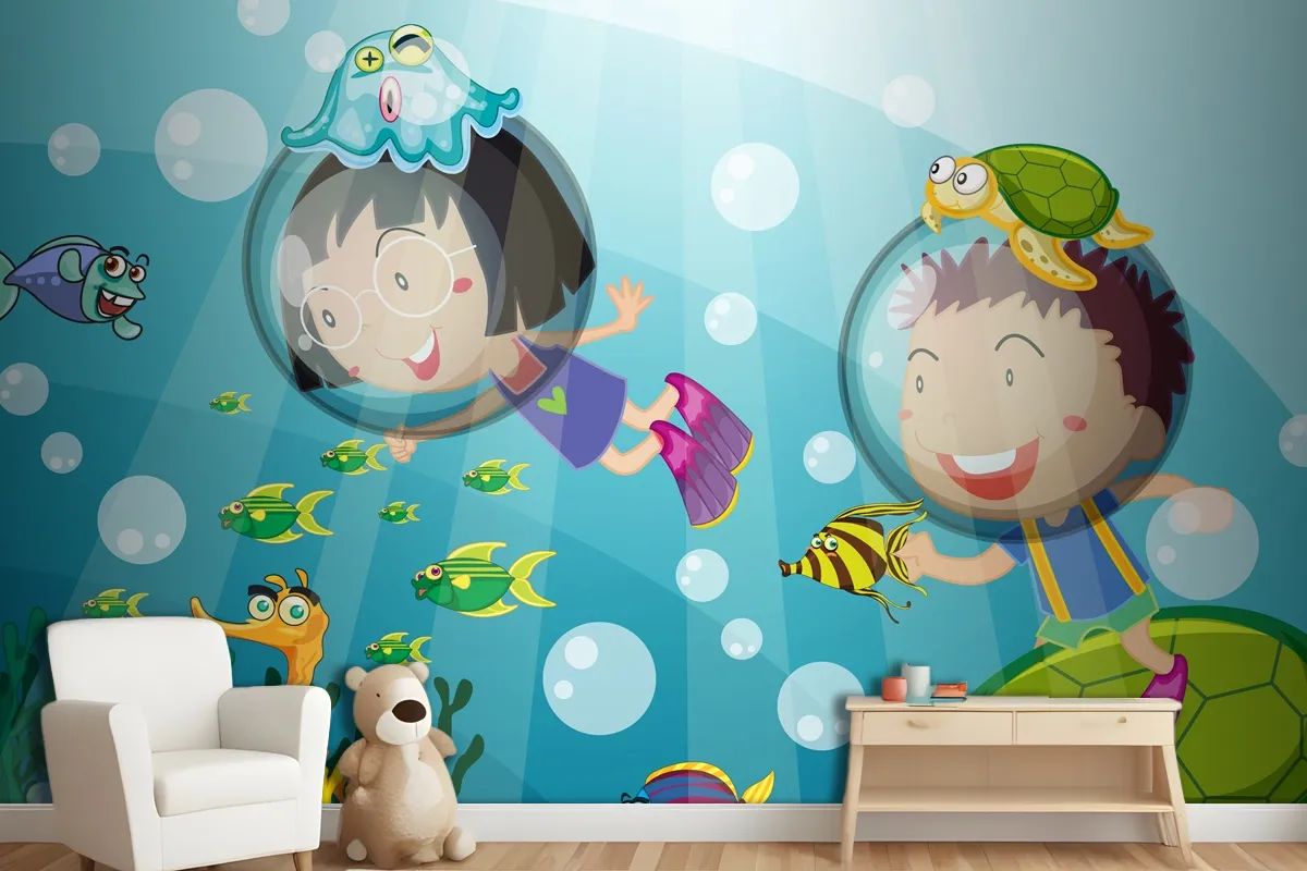 Underwater Scene With Happy Kids Scuba Diving Wallpaper Mural