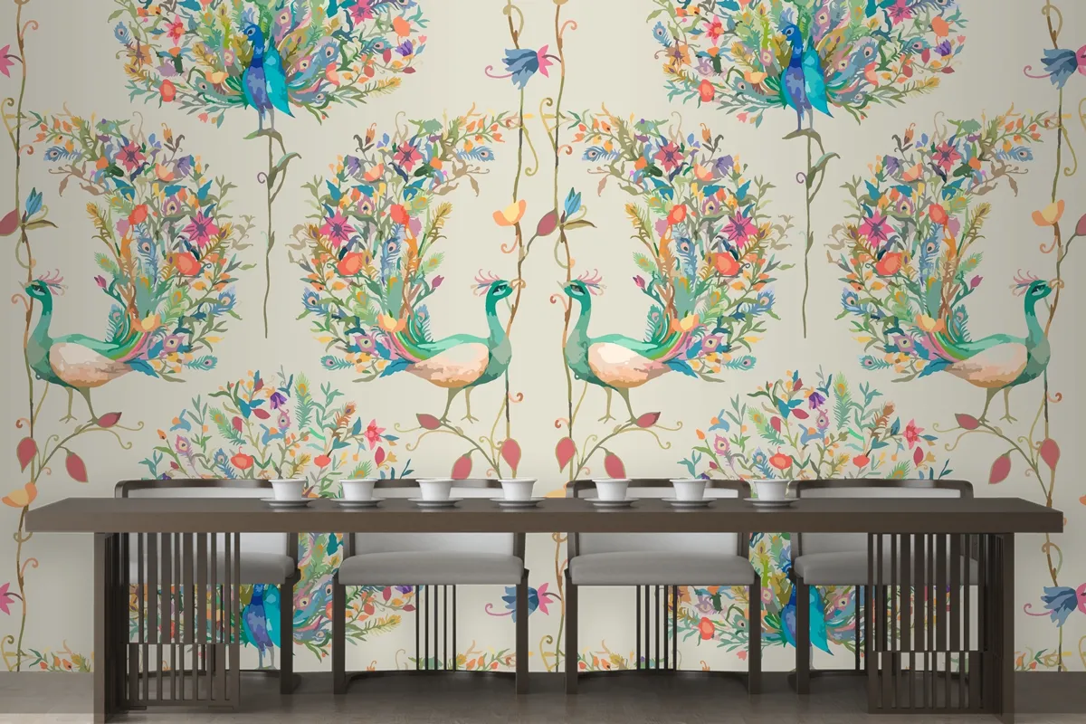 Pattern Background With Watercolor Peacock And Flower Wallpaper Mural