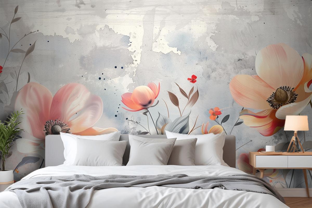 Watercolor Flowers Blue Wallpaper Mural