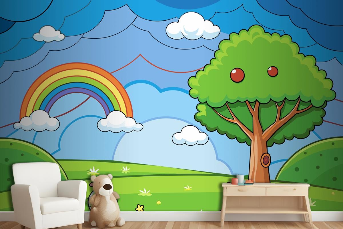 A Colorful Illustration Of A Rainbow With A Tree And A Rainbow In The Wallpaper Mural