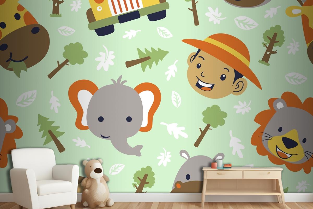 Funny Safari Animals Head Cartoon With Little Boy Head On Seamless Pattern Wallpaper Mural