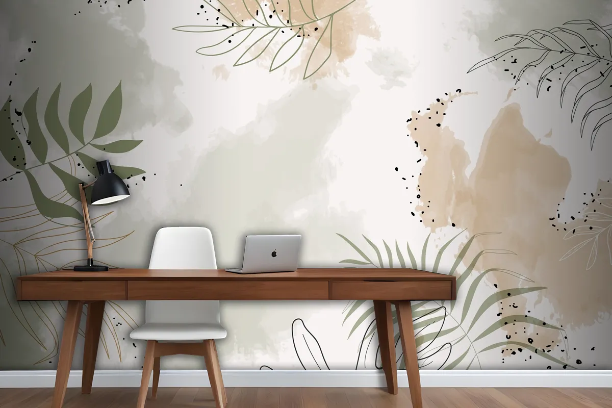 Beige Leafy Watercolor Background Wallpaper Mural