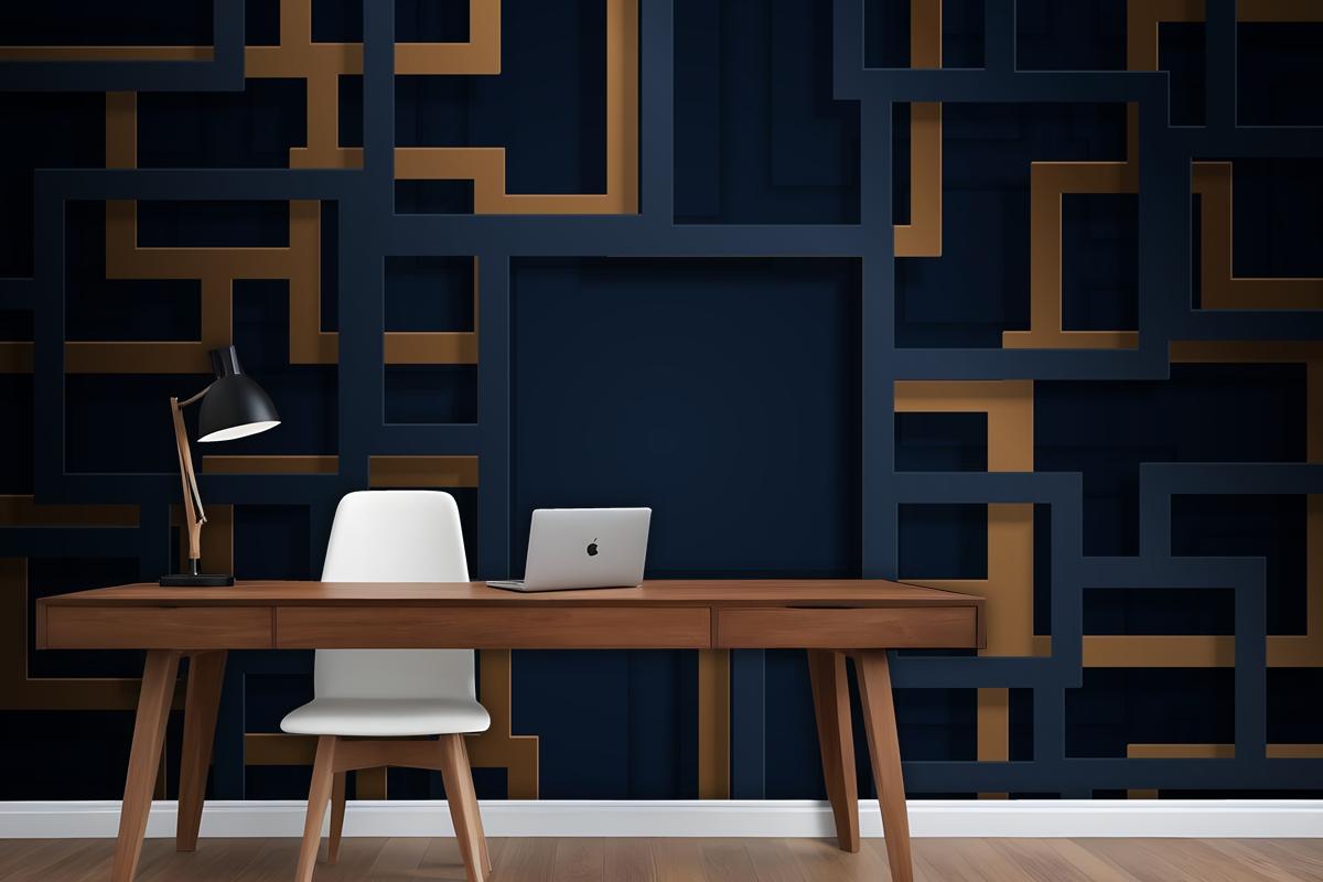 3D Blue And Gold Lines In Paper Cut Style Wallpaper Mural