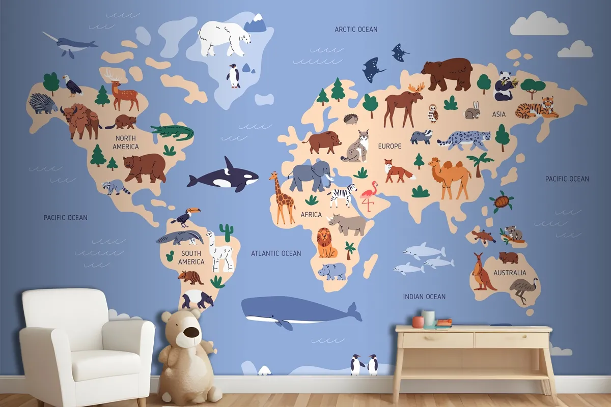 World Map With Animals In Water And On Earth Geography Wallpaper Mural