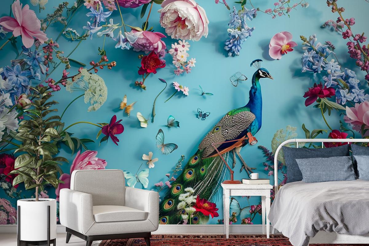 A Peacock Surrounded By Flowers And Butterflies Wallpaper Mural