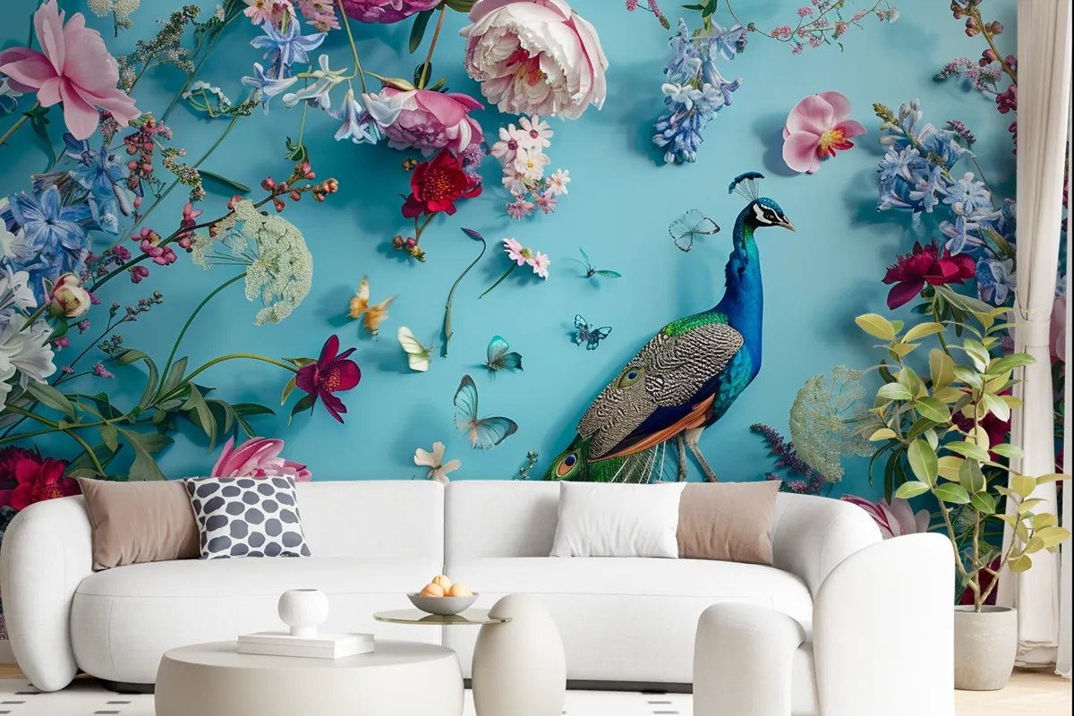 A Peacock Surrounded By Flowers And Butterflies Wallpaper Mural