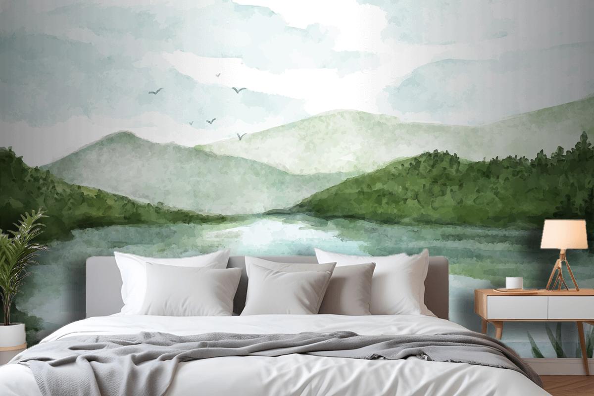 Watercolor Lake Scenery Wallpaper Mural