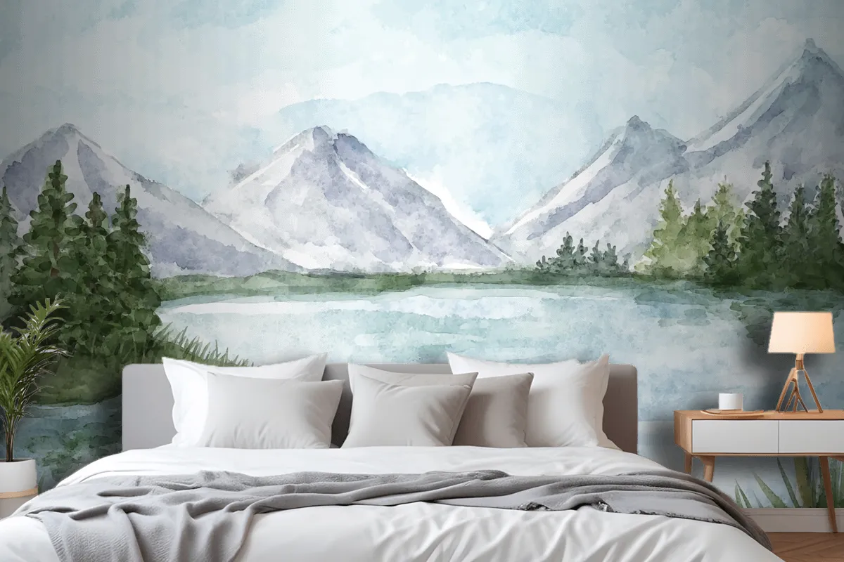 Watercolor Lake Scenery Wallpaper Mural