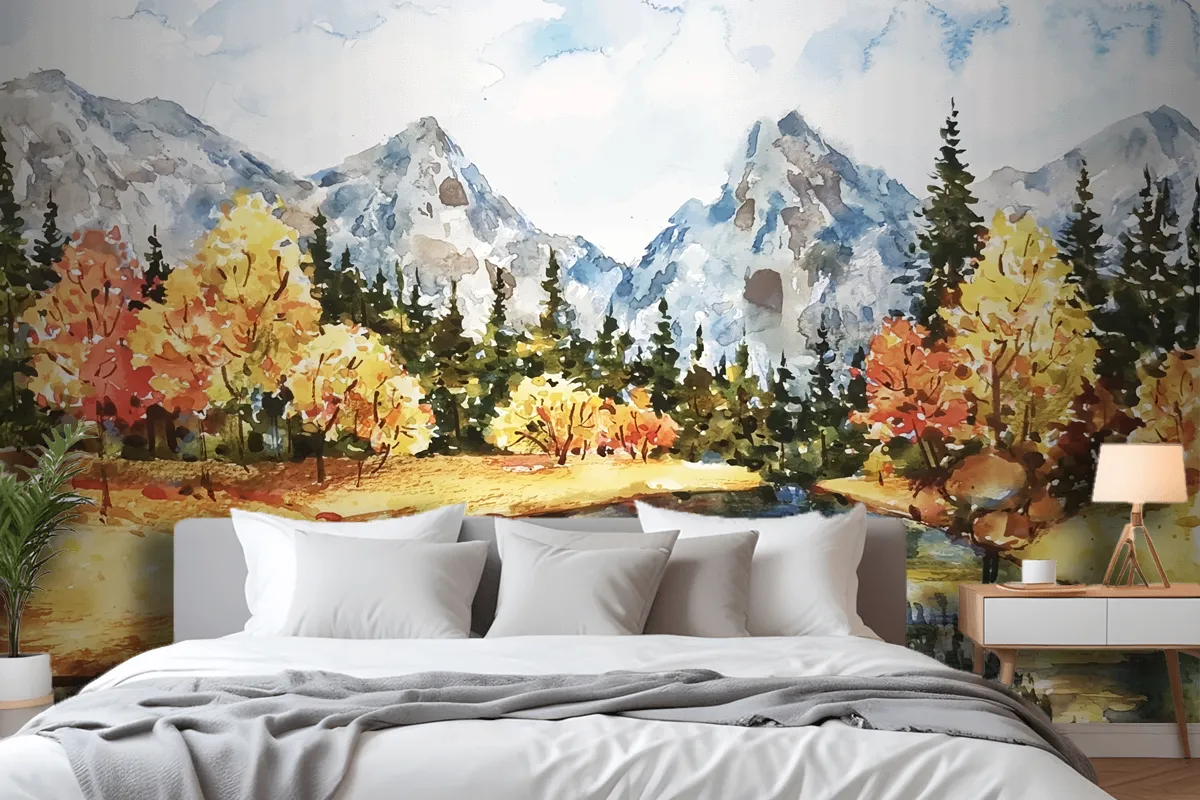 Watercolor Autumn Landscape Wallpaper Mural