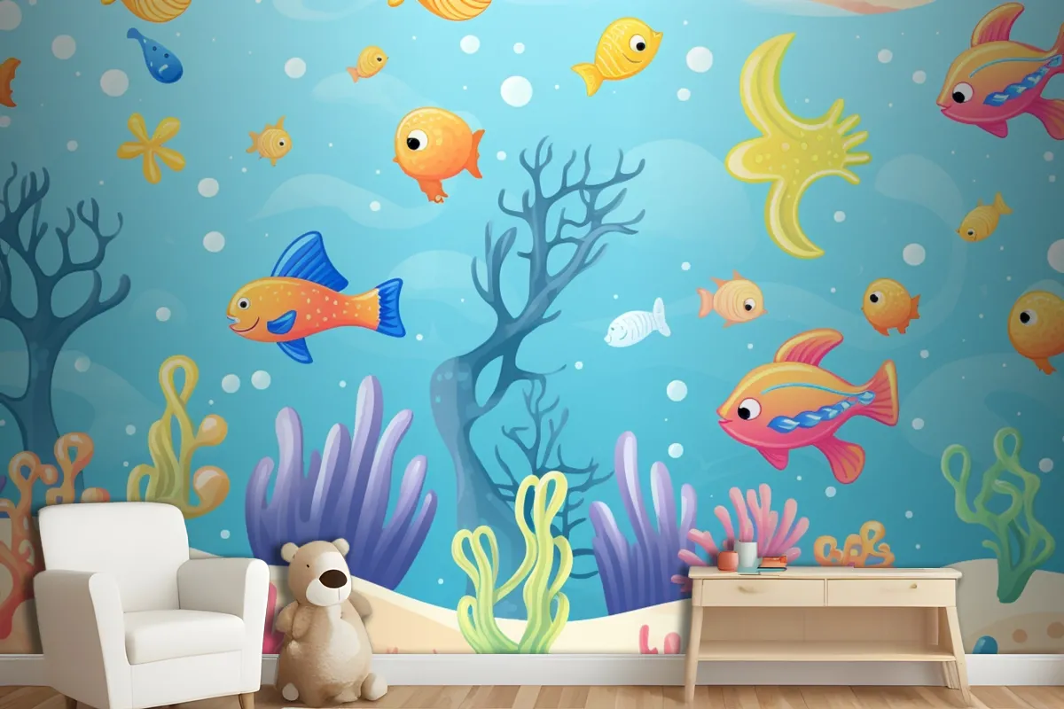 A Painting Of A Coral Reef With A Clown Fish And Coral Wallpaper Mural